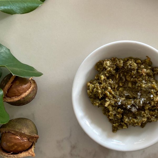 Pickled Warrigal Greens and Macadamia Nut Pesto